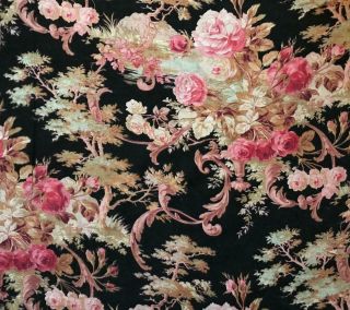 19th CENTURY FRENCH NAPOLEON III LINEN COTTON,  PINK ROSES c1870 106. 2