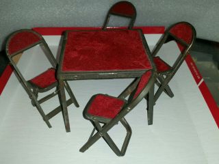 Vintage Toy Folding Card Table 4 Chairs Metal Velvet Seats & Table Top Doll Hous