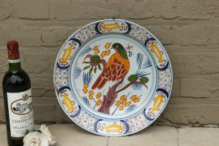Large Antique Dutch Delft 19thc Polychrome Pottery Wall Plate Pigeon Bird