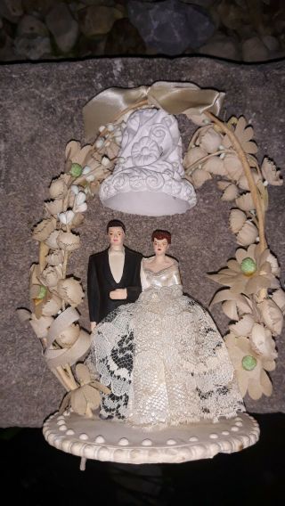 Vintage Wedding Cake Topper Bride And Groom Chalkware Lace Pearls 1940s 1950s