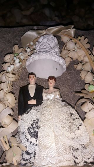 Vintage Wedding Cake Topper bride and groom chalkware lace pearls 1940s 1950s 2