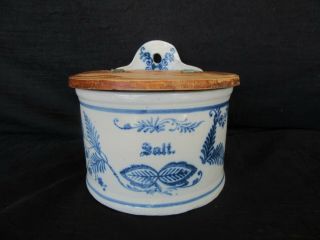 Antique Stoneware Blue Paint Wall Salt Cellar Box / Crock W/ Wood Lid