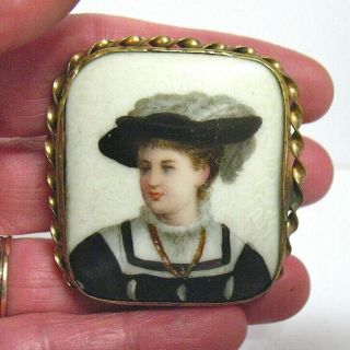 Antique Portrait Pin Porcelain Gold Lady In Black 1 3/4 X 2 Inches