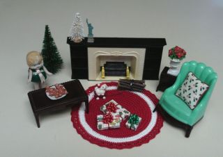 Vintage Plastic Dollhouse Plasco Christmas Fireplace Room Furniture Plus