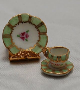 Vtg Dollhouse Miniature Artisan Barbara Epstein China Plate Teacup Set Porcelain