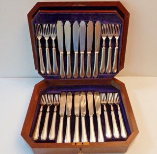 English Fish Set,  12 Sterling Knives & 12 Forks W/ Sterling Hollow Handles,