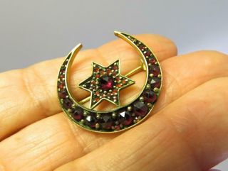 Antique Rose Cut Garnet Pin Gold Filled Crescent Moon And Star