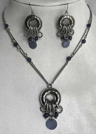 Lia Sophia Jubilee Necklace 16 - 19” Antique Silvertone Blue Mop & Earrings 1 3/4”
