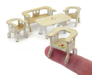 Vintage Doll Furniture Micro Miniature Hand Painted Farm Table Bench And Chairs