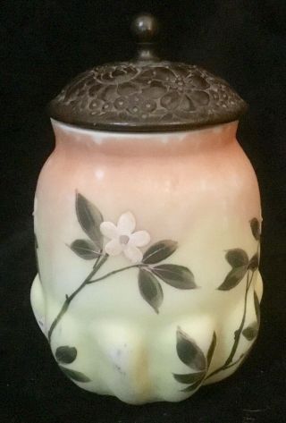 Antique Mt.  Washington Art Glass Biscuit Jar With Spider Mums Decoration