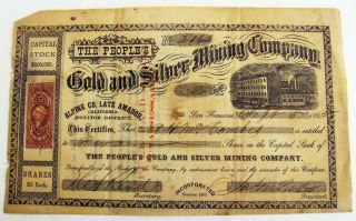 Antique The Peoples Gold And Silver Mining Co.  Certificate 1865 California Rare