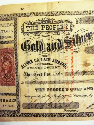 Antique The Peoples Gold And Silver Mining Co.  Certificate 1865 California Rare 5