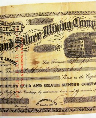 Antique The Peoples Gold And Silver Mining Co.  Certificate 1865 California Rare 6
