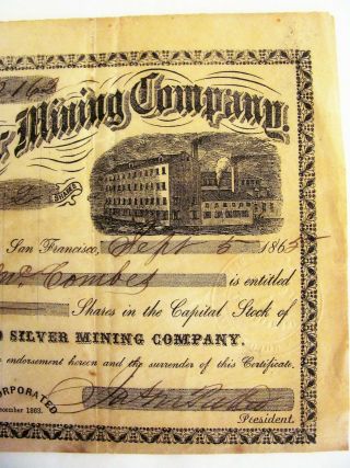 Antique The Peoples Gold And Silver Mining Co.  Certificate 1865 California Rare 7