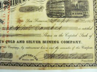 Antique The Peoples Gold And Silver Mining Co.  Certificate 1865 California Rare 8