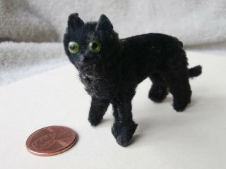 Curious Tiny Antique Or Vintage Mohair Black Cat Glass Eyes