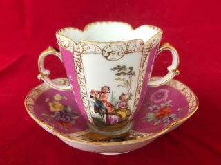 Fine Antique Dresden Porcelain Hand Painted Chocolate Cup And Saucer.
