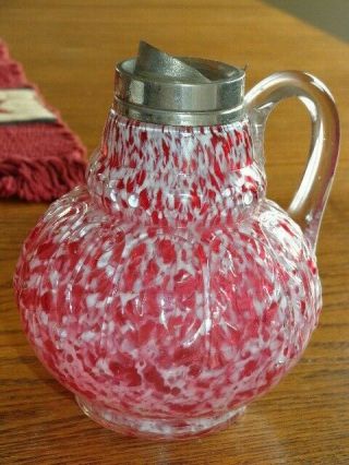 Rare Antique Northwood Victorian Glass Cranberry Spatter Umbrella & Leaf Syrup