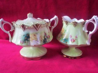 Antique Rs Prussia Victorian Roses Gold Trim Footed Sugar & Creamer Set