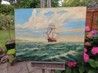 Old Painting Large Oil On Canvas Sea Sail Ship Signed