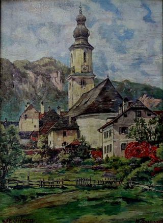 Antique German/Swiss Painting Oil/Cardboard St.  Gilden sign.  A.  Gasteiger c.  1935 2