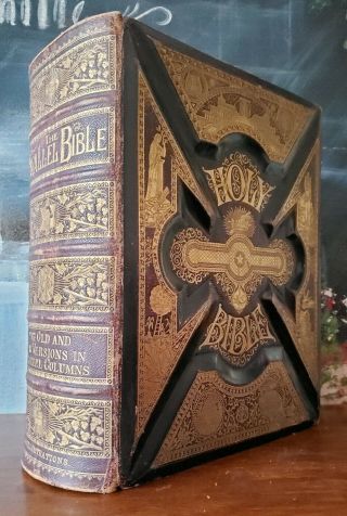 Antique Family Bible 1885 Leather Bound Parallel Columns Ed 2000 Illust Ex Cond
