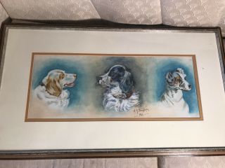 Large Antique Mg Dougherty 1901 " Three Dogs " Pastel Painting - Signed And Framed