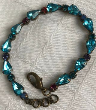 Sorrelli Bracelet Aqua Teal Blue Antique Gold Brass Tone Signed Petite Stunning