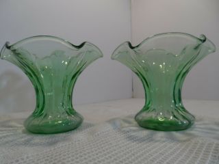 Antique Vaseline Glass Trumpet Vases matched pair Hand Blown Uranium Glass 2