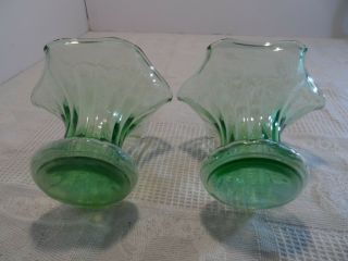 Antique Vaseline Glass Trumpet Vases matched pair Hand Blown Uranium Glass 6