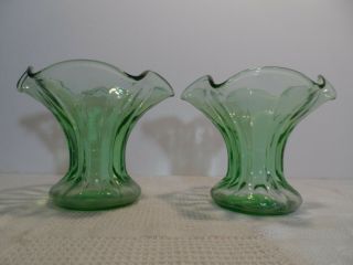 Antique Vaseline Glass Trumpet Vases matched pair Hand Blown Uranium Glass 8