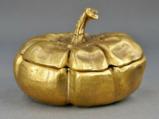 Fine Vintage Cast Bronze Gold Gilt Miniature Pumpkin Trinket Box Sculpture