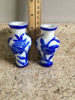 Two Vintage Chinese Blue Overlay Peking Mini Glass Vases