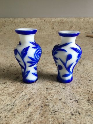 Two Vintage Chinese Blue Overlay Peking Mini Glass Vases 3