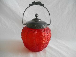 Antique Consolidated Red Satin Glass Biscuit Jar Beaded Drape Pattern