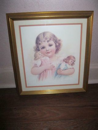 Vintage Picture/print Little Girl Holding Her Baby Dolls Gold Frame By Ida Waugh