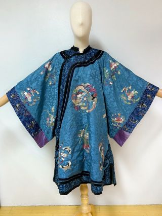 Antique Vintage Chinese Hand Embroidered Silk Robe Dress Mandarin Embroidery