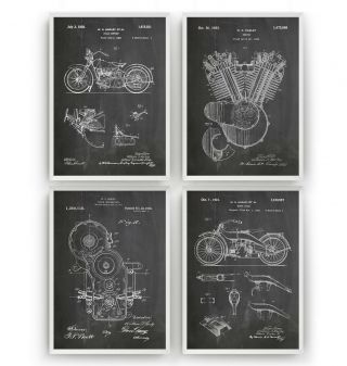 Harley Davidson Patent Art Prints - Set Of 4 - Poster Wall Decor Gift - Unframed