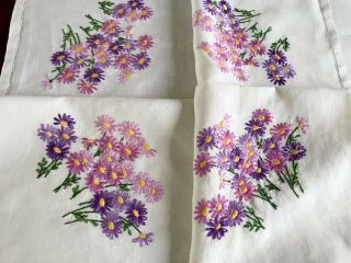 Vintage Hand Embroidered Off White Linen Tablecloth 51x51 Inches