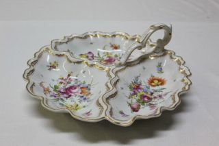 Antique Dresden Porcelain Divided Dish Hand Painted Flowers Lavish Gilding