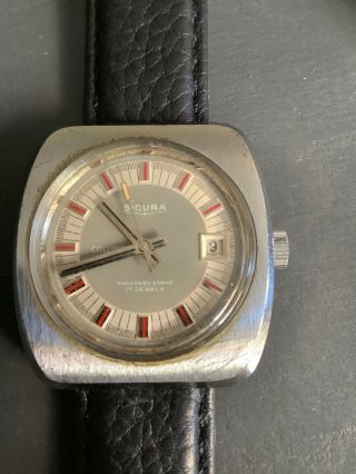 Very Rare Vintage Collins Sicura Watch 17 Jewels Date Cuir Veritable