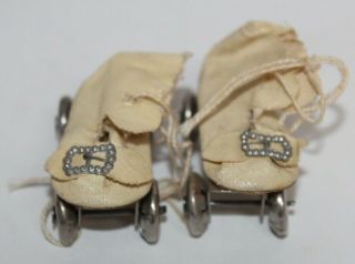 Vintage Tiny White Oil Cloth Doll Roller - Skates With Buckles