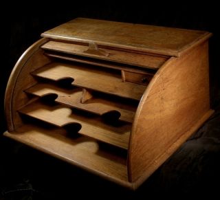 Antique C1890 Oak Roll Top Tambour Stationary Cabinet Bureau Writing Box