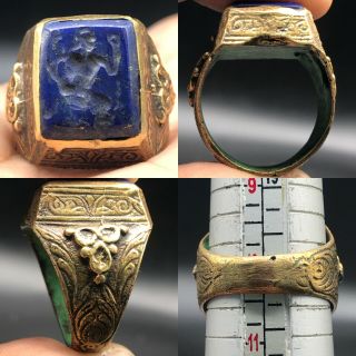 Old Brass Lapis Lazuli King Intaglio Stone Ring