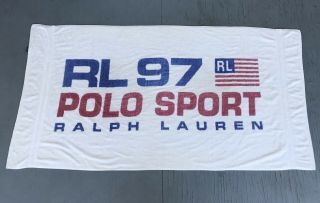 Vintage 90s Ralph Lauren Polo Sport Beach Towel Blue Red Big Spell Out Flag 1997
