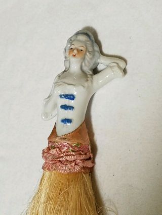 Antique Porcelain Half Doll Brush Whisk Broom 8 " Blue & White Victorian Woman