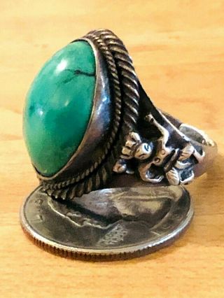 Antique Vintage Chinese Large Sterling Silver Green Turquoise Ring 925 Adj Size