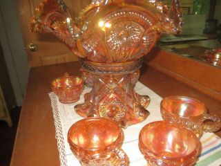 Antique 1910 Marigold Carnival Fashion Punch Bowl Set by Imperial Glass 3