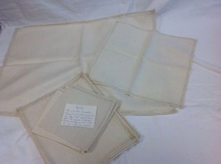 Vtg Antique Set Of 6 Beige Irish Linen Hemstitched 17.  5x22 Placemats W/ Napkins