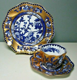 Antique Coalport Cobalt Blue & 24k Gold Porcelain Tea Cup,  Saucer & Side Plate